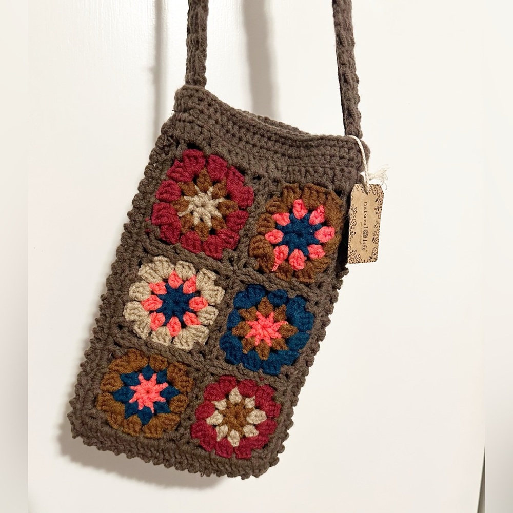 Natural Life Brown with Colorful Granny Squares Crossbody Bag